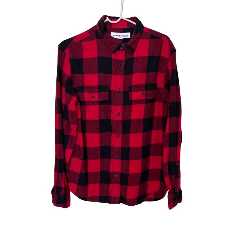 Old Navy Mens M Red & Black Plaid Flannel Shirt Regular Fit Built-In Flex Cabinc